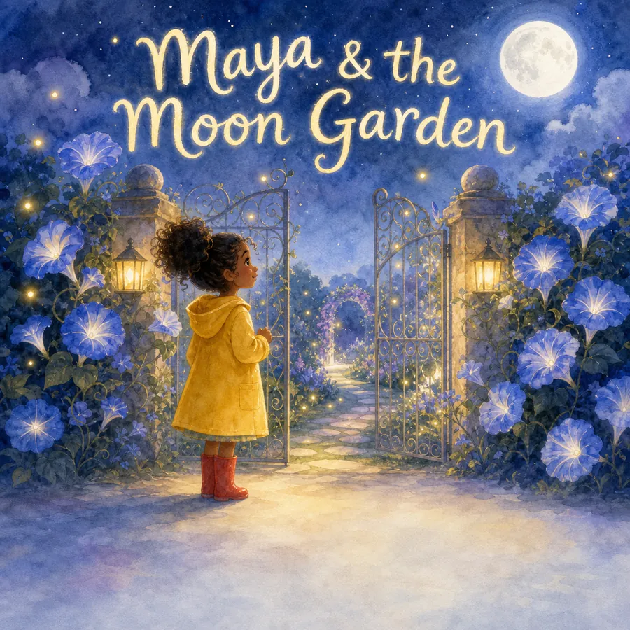 Cover of the sample picture book Maya & the Moon Garden — the hand-lettered title glows in the night sky above a curly-haired girl in a yellow raincoat and red boots standing at a glowing iron gate into a moonlit garden of blue flowers.