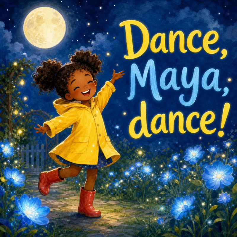 Sample page: Maya dances joyfully in the moonlit garden among glowing blue flowers, the words ‘Dance, Maya, dance!’ hand-lettered in big glowing letters across the night sky.