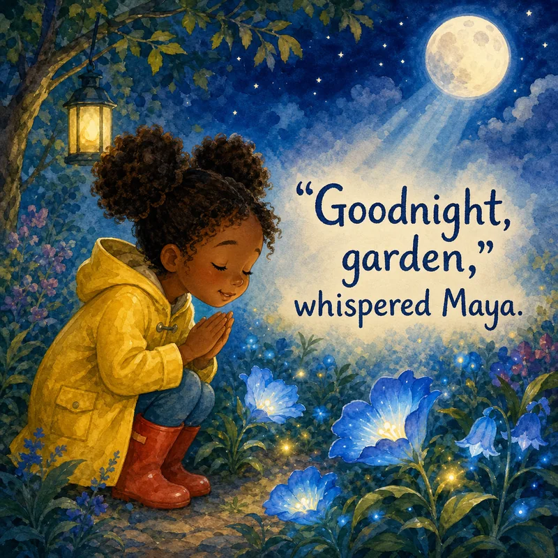 Sample page: Maya kneels with hands clasped beside a glowing blue flower under a moonbeam, with the line ‘“Goodnight, garden,” whispered Maya.’ painted into the soft night sky.
