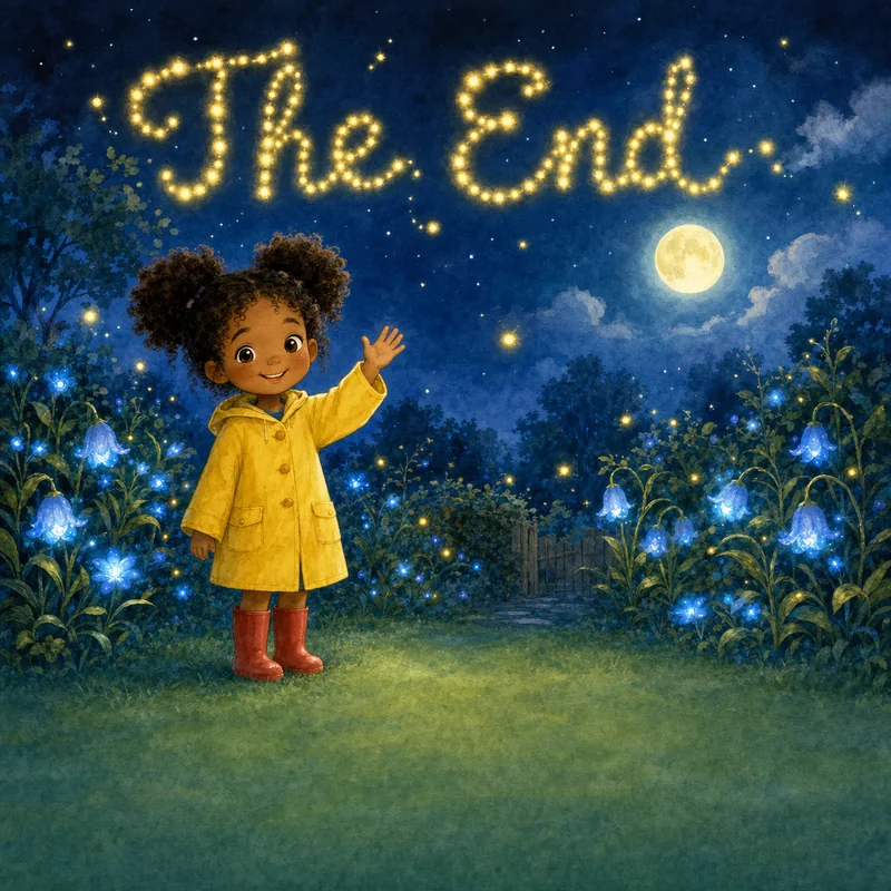 Closing sample page: Maya waves goodbye in the moonlit garden as the words ‘The End’ form in glowing firefly lights across the starry sky.