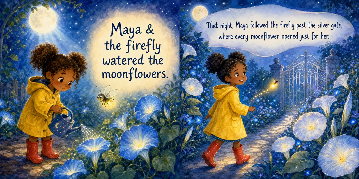 An open two-page spread from Maya & the Moon Garden. Left page: Maya in a yellow raincoat waters glowing blue moonflowers beside a firefly, with the story line painted into the sky, ‘Maya & the firefly watered the moonflowers.’ Right page: she follows the firefly along a moonlit path toward a silver gate, the words woven into the night sky, ‘That night, Maya followed the firefly past the silver gate, where every moonflower opened just for her.’